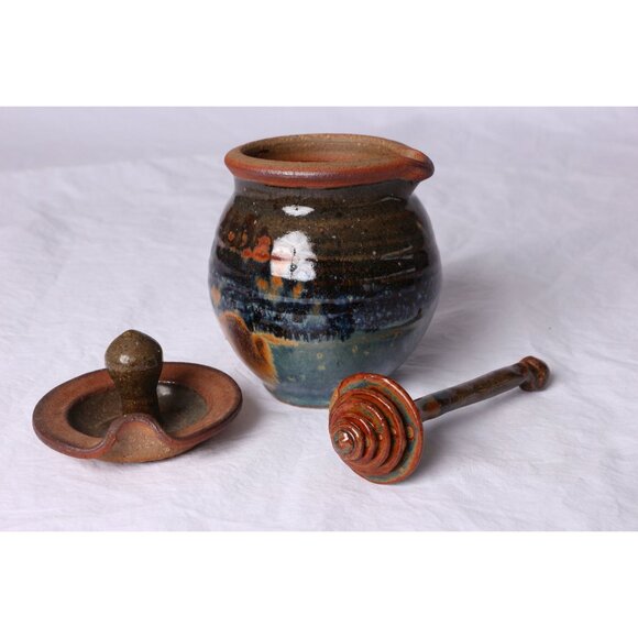 Vtg 1979's Handmade Blue & Brown Glazed Ceramic Honey Jar With Lid And Honey Dip - Picture 7 of 10